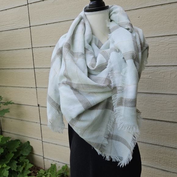 Accessories - pale blue plaid blanket scarf with gray and metallic gold